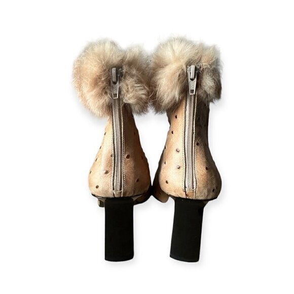 Ankle Boots in Ostrich Printed Beige Leather, with Rabbit Fur Trim, Size 37EU, Y - Picture 6 of 14